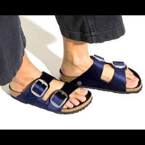Birkenstocks blue velvet with large silver buckle